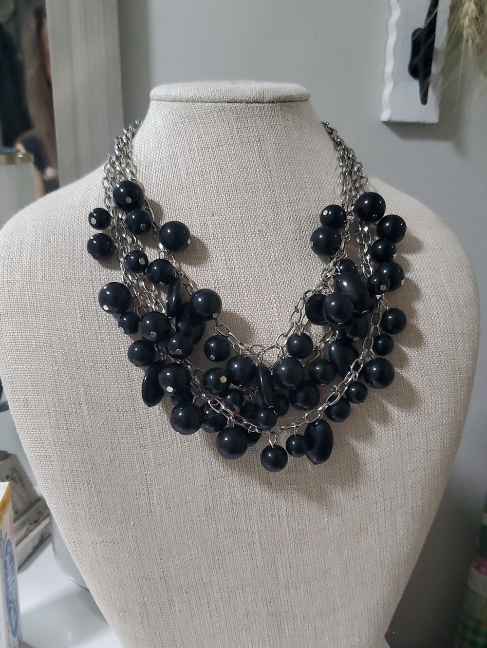 Black Multi-Strand Beaded Statement Necklace - Women's Jewelry